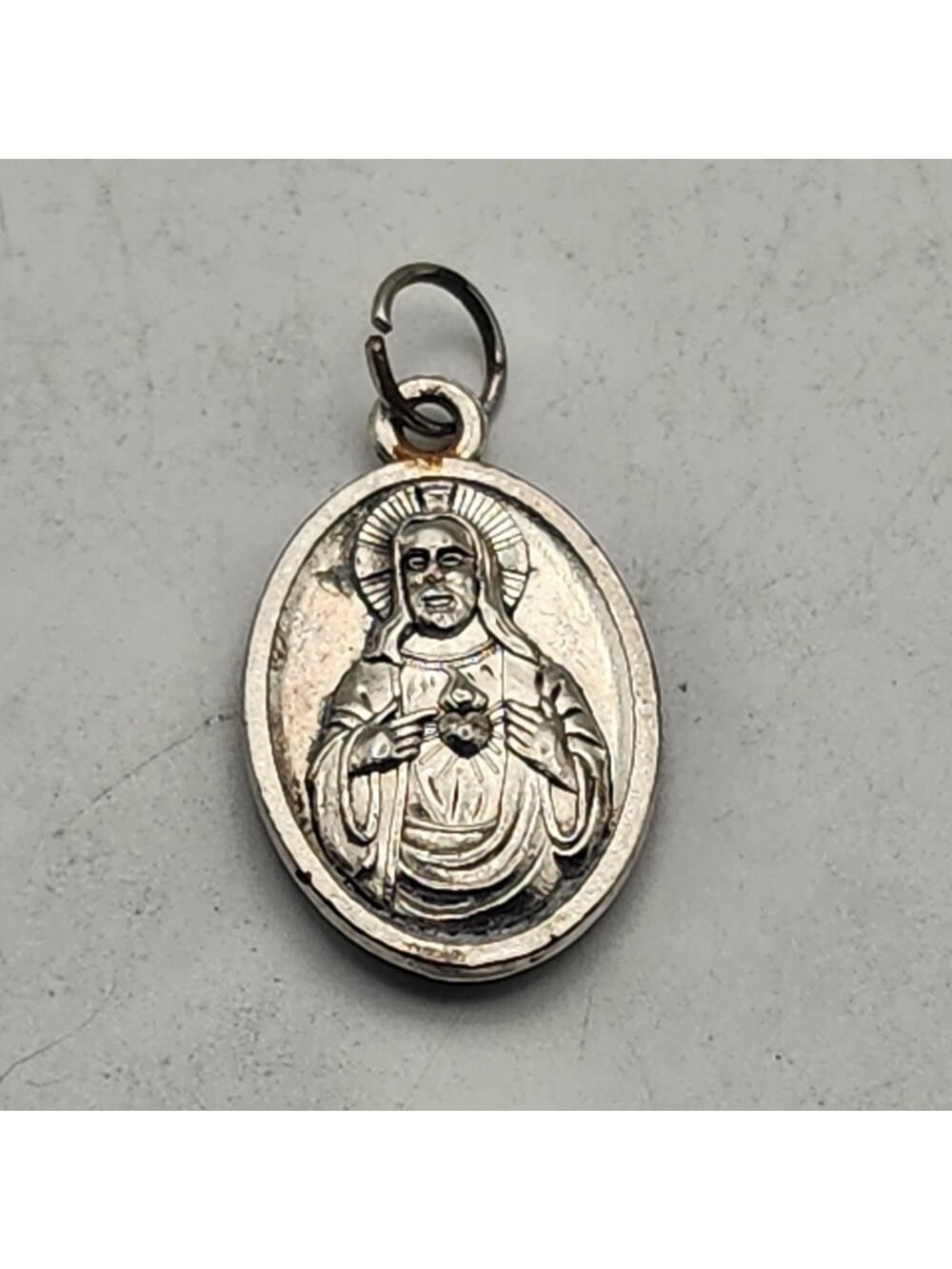 Sacred Heart Jesus Immaculate Mary Catholic Medal Pendant Silver Tone Charm Oval